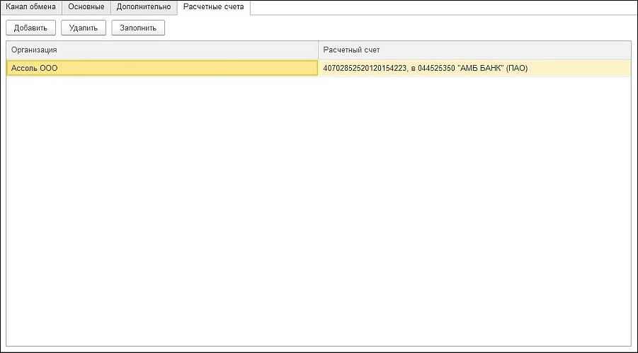 Вкладка «Расчётные счета»